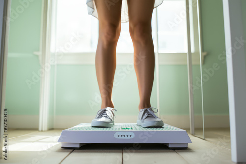 Close-up of female legs standing on modern floor scales in a room. Creative concept of weight control, weight loss, diet and healthy eating. photo