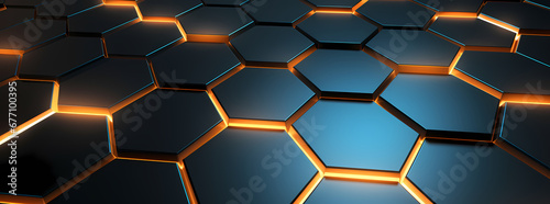 a black and orange hexagonal background with some bright lights shining, in the style of shaped canvas, aluminum, concrete, dark gold and light azure, 3d, textured canvases, mechanical designs