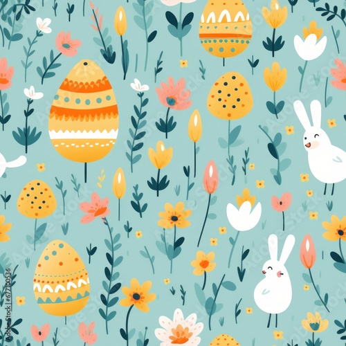 seamless pattern with cute whimsical drawings of easter theme: rabbits, plants and painted eggs, on light blue background