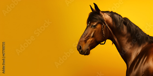 Portrait of a strong brown horse on a yellow backgroud