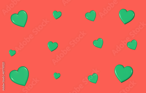 Cute background with 3D heart.Christmas background.Red wallpaper with 3D green heart.Graphic illustration backdrop.