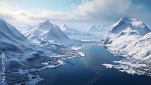 A panoramic aerial view of a tranquil lake surrounded by snow-capped mountains