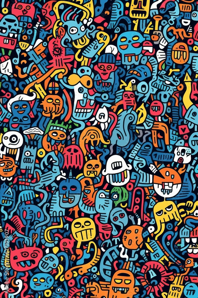 Fototapeta premium Illustration of colorful doodle crowd cute alien and monster Created with Generative AI technology.