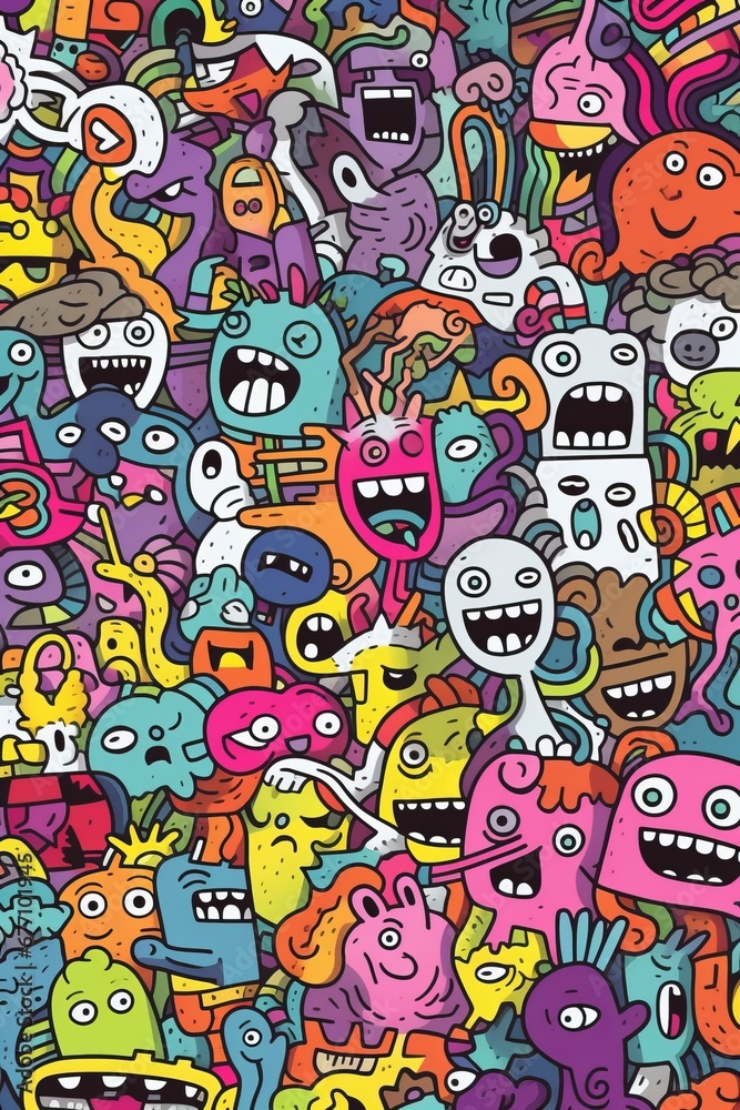 Illustration of colorful doodle crowd cute alien and monster Created with Generative AI technology.