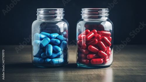 Contrasting Red and Blue Pills in Glass Jars
