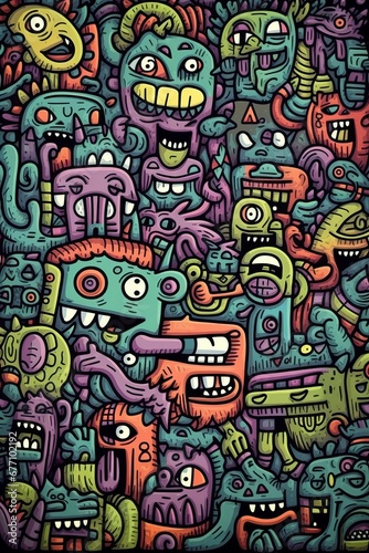 Illustration of colorful doodle crowd cute alien and monster Created with Generative AI technology.