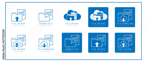 Search file upload download icons blue outline solid background