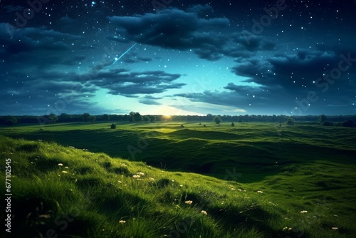 Green meadow and tree on hills at stars night sky background Created with Generative AI technology.