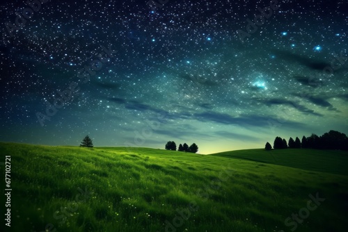 Green meadow and tree on hills at stars night sky background Created with Generative AI technology. photo
