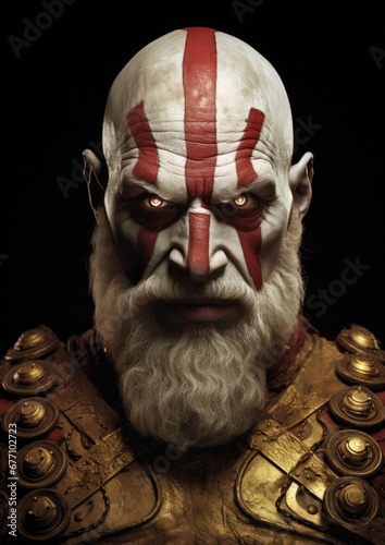 Evil and scary warrior with white and red painted face.