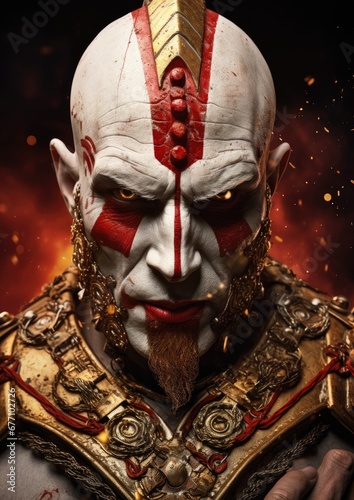 Evil and scary warrior with white and red painted face.