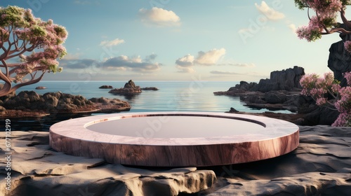 Minimalist luxury podium on a cliffside with a serene ocean view, under a clear sky with fluffy clouds.