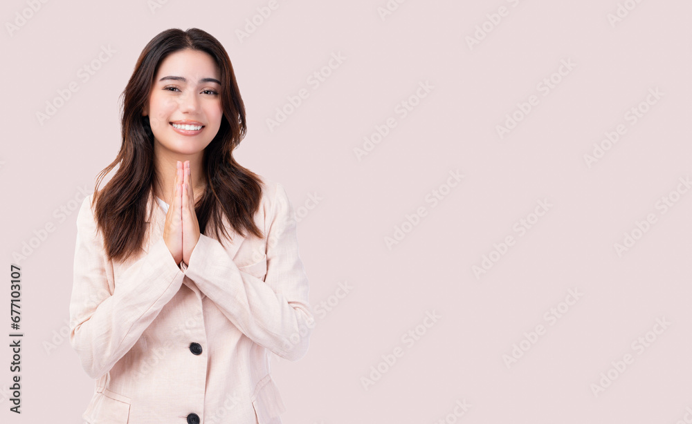 Asian young business woman praying god put hands together for begging Millennial teenager girl ask god for help Pretty young business woman beg for mercy apologize Isolated on pink background Asian young business woman praying god put hands together for begging Millennial teenager girl ask god for help Pretty young business woman beg for mercy apologize Isolated on pink background
