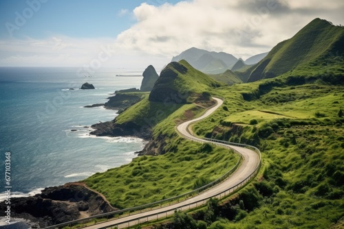 Beautiful view of a coastline with a coastal road winding along the green shore. photo