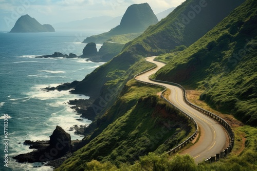 Beautiful view of a coastline with a coastal road winding along the green shore. photo