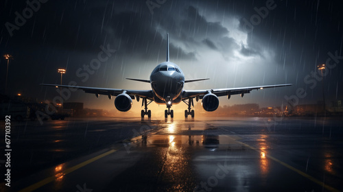 Flight Disruption: Stranded Airplane on Stormy Airport Runway