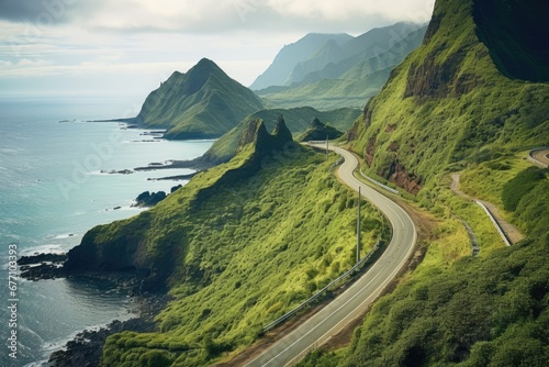 Beautiful view of a coastline with a coastal road winding along the green shore. photo