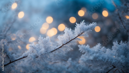 Abstract winter background featuring delicate hoarfrost on tree branches, softly illuminated by the glow of distant bokeh Christmas lights. © xKas