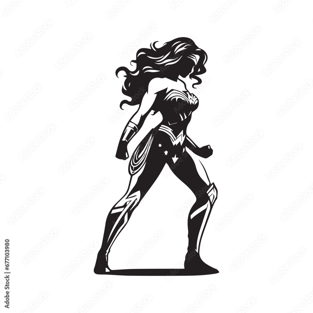 Wonder Woman Elegance in Silhouette: A Captivating Collection of Black and White Vector Illustrations Showcasing the Superheroine's Power and Grace, Perfect for Stock Use.