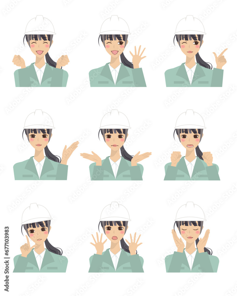 色々な表情をした作業着姿(ヘルメット)の女性のイラスト(仕草付き) 色々な表情をした作業着姿(ヘルメット)の女性のイラスト(仕草付き)