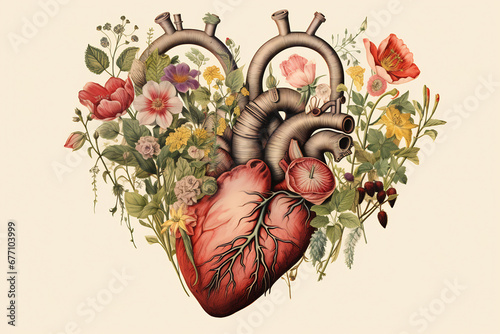 Valentines day card. Anatomical heart with flowers. #677103999