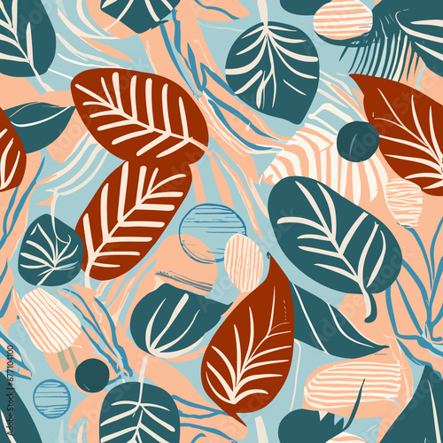 Hand drawn horizontal banner pattern with autumn bright leaves and berries in retro color template. © MdAbdullah