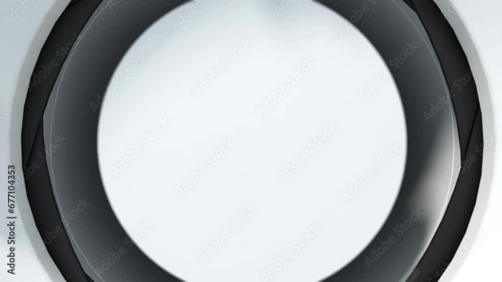 Transition of 3d Animated Hi-Tech White Metal Shutter Pops Up, Opens, Zoomed In To Reveal Its White Inside, Zoomed Out To Close.