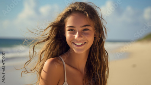 A girl smile on beach close up