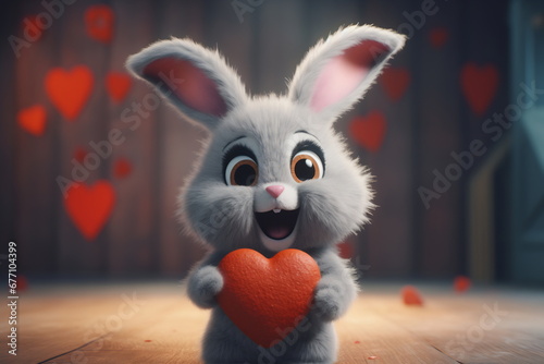 Valentine s day card with Kawaii bunny. Rabbit cartoon collection. Small lovely rabbit holds love heart
