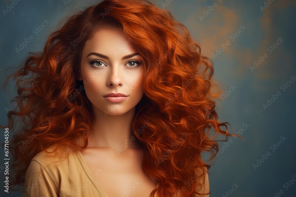 Happy beautiful haired woman, Looking at the camera, one color background, generative ai Happy beautiful haired woman, Looking at the camera, one color background, generative ai