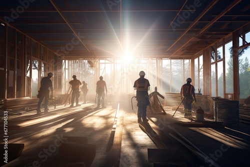 Construction workers standing inside a sunlit construction site. photo
