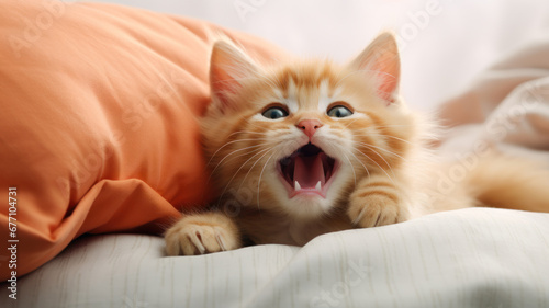 Whimsical Orange Kitty on Fluffy White Pillow © M.Gierczyk