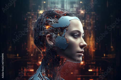 Artificial intelligence in image of cyborg girl with a neural network thinks. Artificial intelligence. technologies of the future. technologies of the future. Generative AI