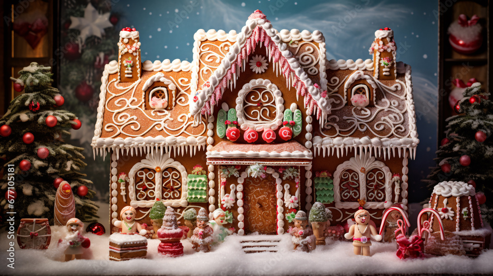 Beautifully decorated gingerbread house with colorful decorations 