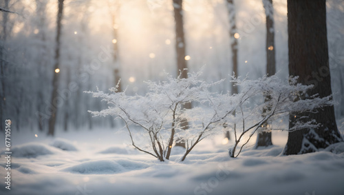 3D render of a winter forest bathed in a soft, ethereal light, showcasing snow-draped branches and subtle reflections of bokeh Christmas lights.