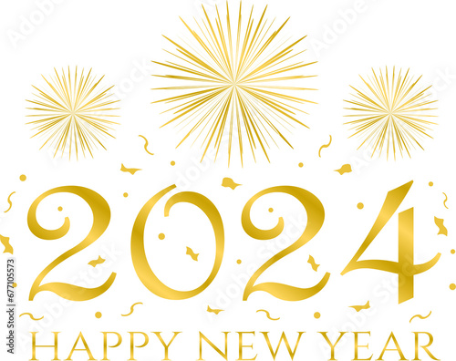 happy new year 2024 - golden design, golden fireworks, confeti, no background