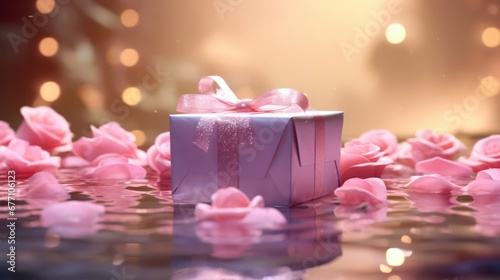 Romantic background with gift boxes, pink roses, pink shades, and a beautifully blurred background photo