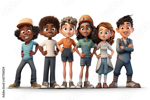 Illustration of a multiethnic group of friends in 3d cartoon style. Concept of a diverse and multicultural society.