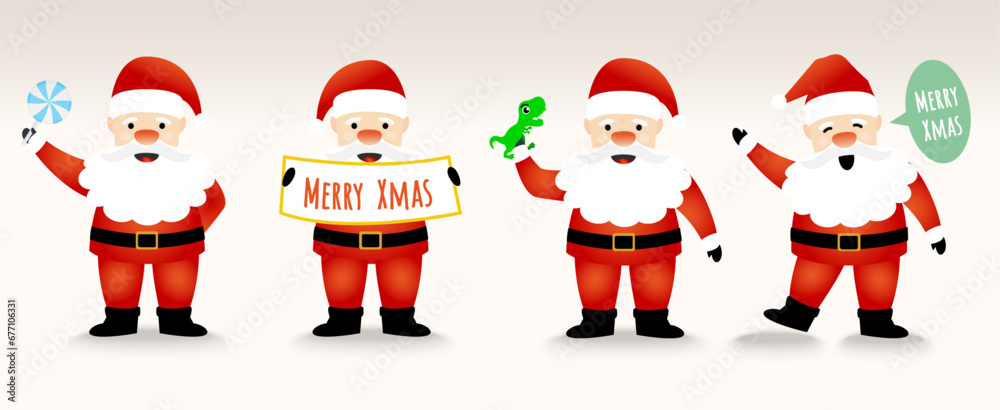 Set of Happy Santa Claus. The acting of Santa with candy, Toy and say hello, Vector illustration. For new year cards, banners, headers, posters. Set of Happy Santa Claus. The acting of Santa with candy, Toy and say hello, Vector illustration. For new year cards, banners, headers, posters.