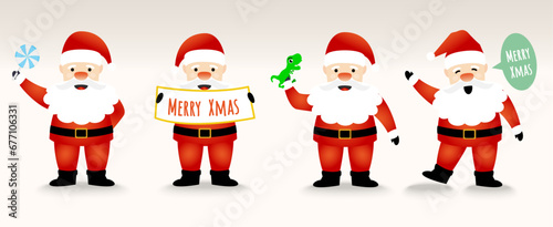 Set of Happy Santa Claus. The acting of Santa with candy, Toy and say hello, Vector illustration. For new year cards, banners, headers, posters.