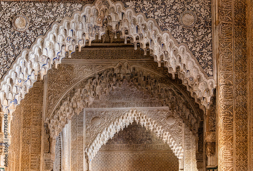Detail View of Alhambra, Granada, Spain. The Nasrid Palaces (Palacios NazaraÂ­es) in the Alhambra fortress