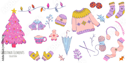 Set of hand drawn retro vintage / Boho Christmas clipart and icons. Trendy happy and cute Winter Holidays elements set. - All elements are isolated.