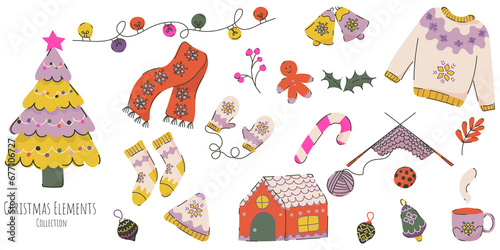 Set of hand drawn retro vintage / Boho Christmas clipart and icons. Trendy happy and cute Winter Holidays elements set. - All elements are isolated.