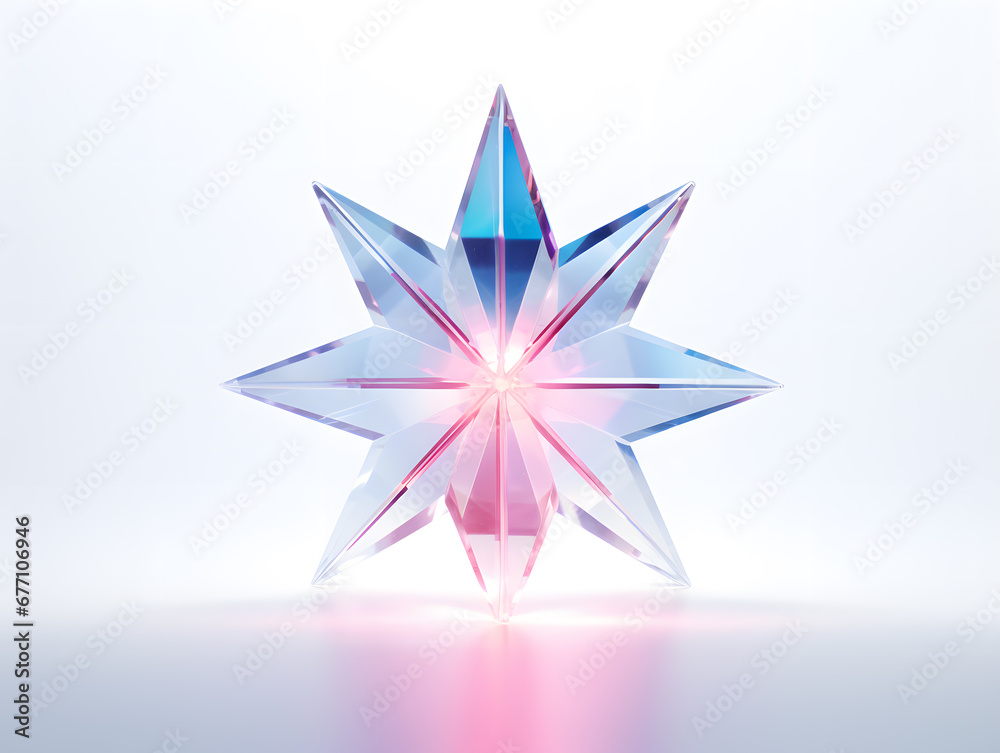 Christmas glass star on a white background. 3D rendering. Pink and blue neon light. Christmas glass star on a white background. 3D rendering. Pink and blue neon light.