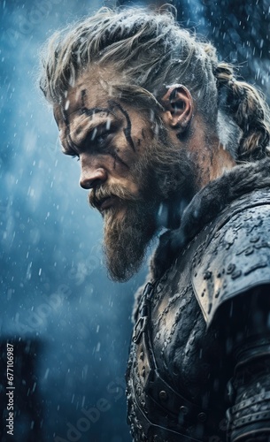 Portrait of a viking warrior in black armor photo