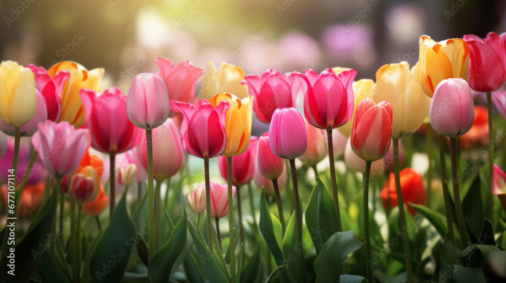 a row of colorful tulips in a garden