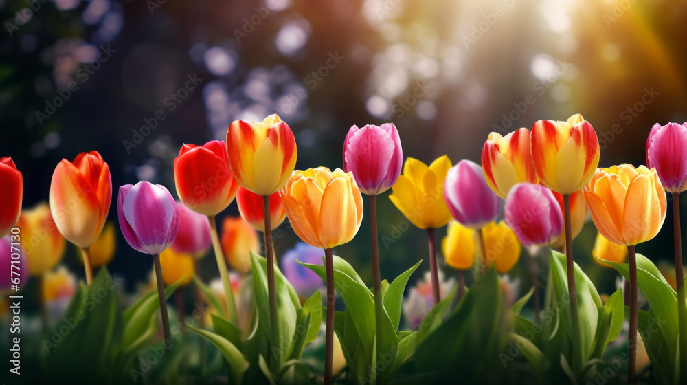 a row of colorful tulips in a garden