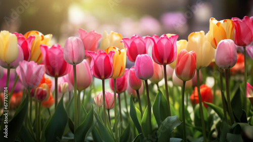 a row of colorful tulips in a garden