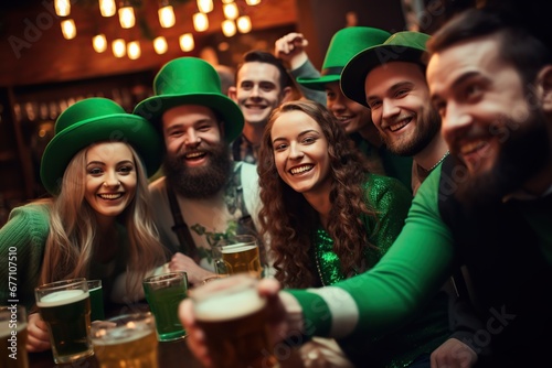 Friends celebrating St. Patrick Day with food and beer mug at an Irish pub. photo