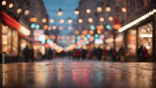 Urban scene with defocused storefronts, colorful Christmas lights, and snowflakes gently descending, setting the stage for a festive holiday background.